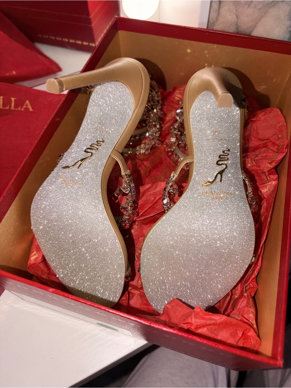 Rene Caovilla Gold and Multi-Color Crystal Embellished Strappy Heels - Picture 3 of 3